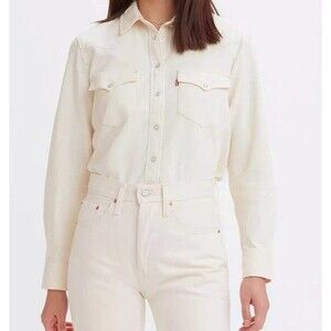 NWT Levi's Standard Fit White Western Pearl Snap Denim Shirt Women Size L